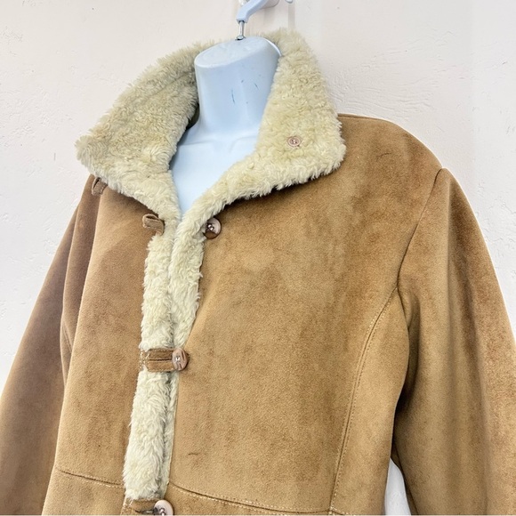 Vintage 90s Y2K Faux Suede Sherpa Lined Jacket Sz M Tan Coat Boho Phoebe Buffay - Picture 3 of 12